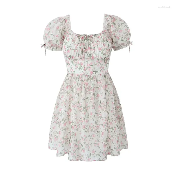 Вечеринка платья йенкей летние женщины сладкий цветочный принт органза бальный платье платье винтажное рукав квадратный шей