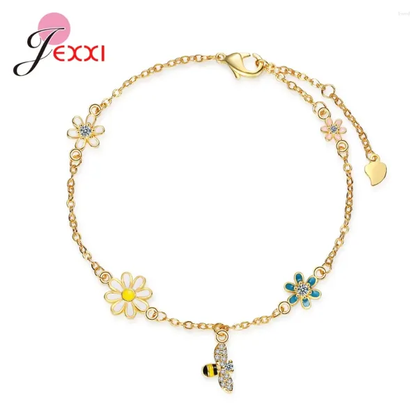 Pulseiras de link colorido genuíno 925 pulseira de prata esterlina para mulheres meninas abelhas pingentes de festas de casamento acessórios de joias