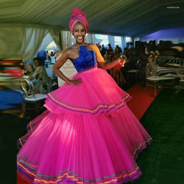 Partykleider Kontrast Farbe Arabisch Perlen Abschlussball trägerloser Tüll afrikanische formale Abendkleider Vestido de fiesta boda