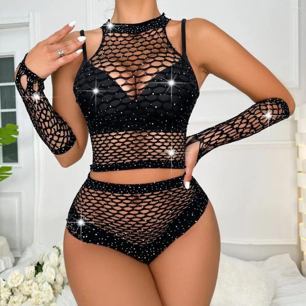 Bras define as mulheres transfronteiriças de diamante de diamante e roupas de rede sexy e roupas de rede