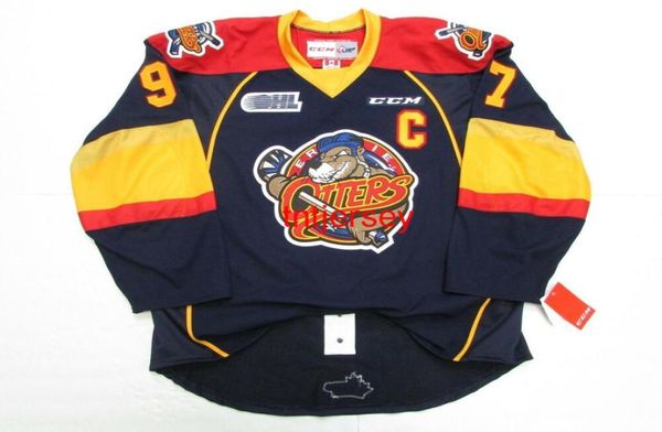 Nähte benutzerdefinierte Connor McDavid Erie Otters Navy CCM Hockey Trikot Fügen Sie eine Namensnummer hinzu.