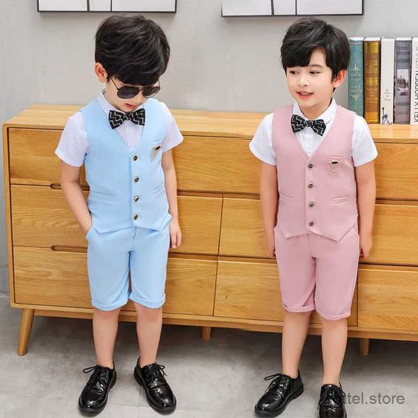 Anzüge Jungen Mädchen coole Sommerweste+kurze 2pcs formelle Hochzeitsanzug Gentleman Kids Performance Kleider Kinder Abschlusskleidung Set