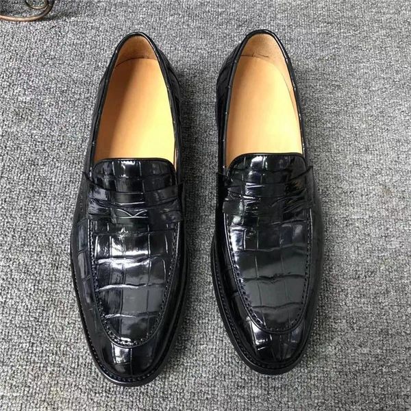 Elbise ayakkabı iş tarzı otantik timsah cilt klasik katı siyah erkekler loafers gerçek gerçek timsah deri erkek slip-on