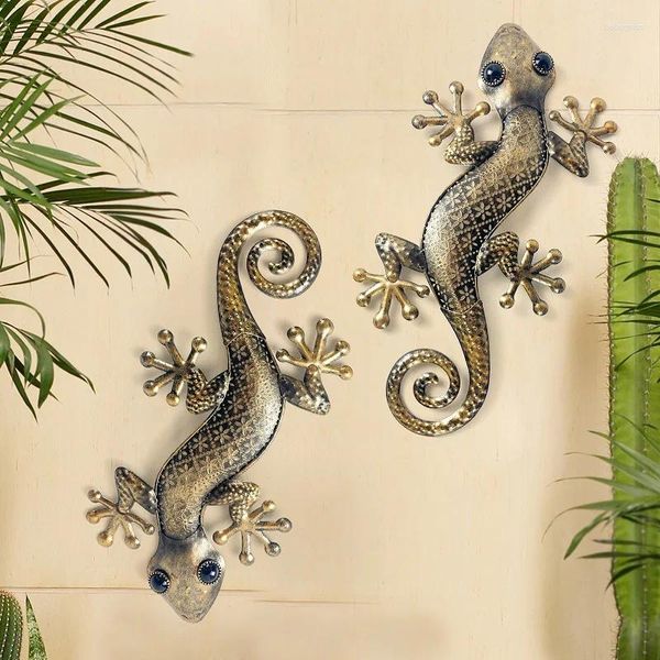 Estatuetas decorativas Gecko Metal Wall Art Decor 2 pacote 15 polegadas - Lagarto externo para fora escultura pendurada para casa e jardim