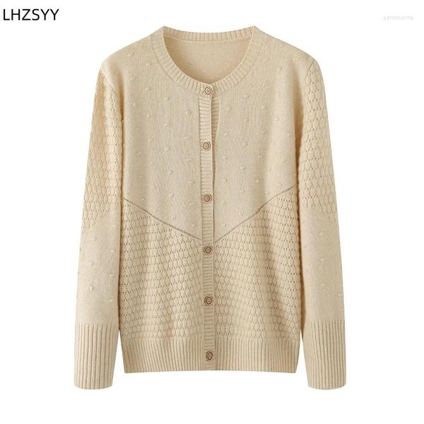 Damen-Strick-Lhzsyy Spring Pure Cashmere Cardigan Ladies High-End-Tupfen-Diamantgitterjacken Hohllöser Lose Tops O-Neck-Strickhemd