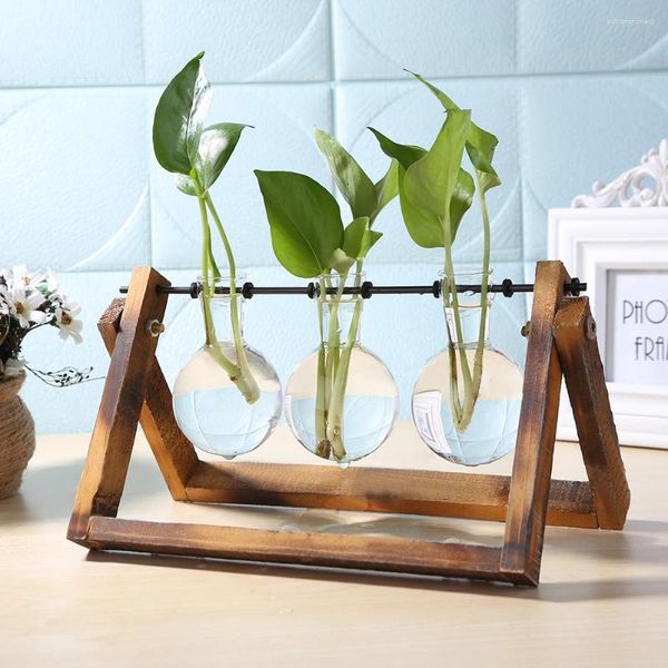 Vasen Glas Vase Tabletop Hydrokroponik Pflanze Bonsai mit Holzschalen Schreibtisch Ornament