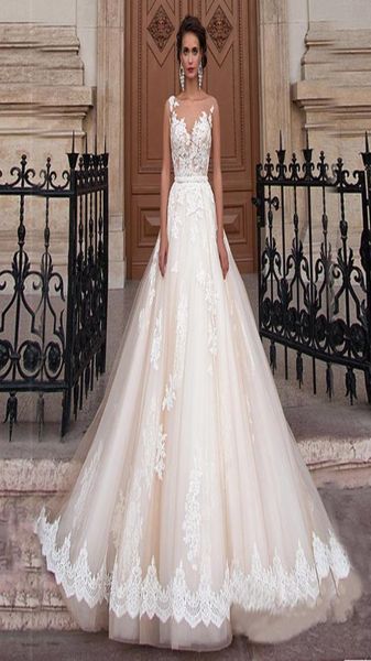 Sheer Scoop Searline Champagne Color Ball Honeds Свадебное платье Applique Illusion Back Bridal Dress vestido para casamento8127978