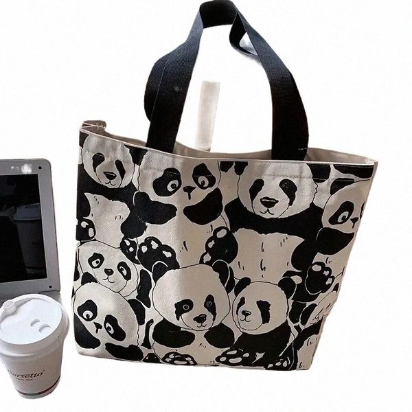 Bag portátil de lona do padrão panda com bolsa de ombro elegante de grande capacidade para loja diária e recados l8jz#