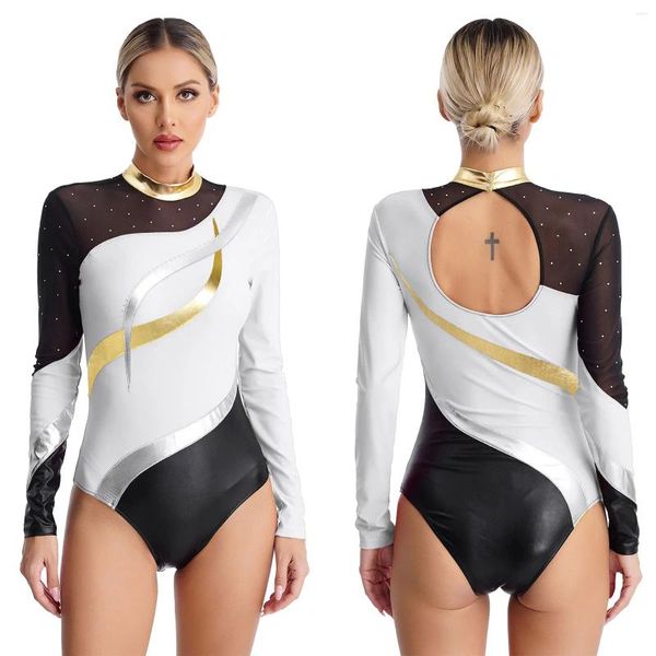 Wear Wear Womens Figura da pattinaggio da pattinaggio Costume Rhythmic Gymnastics Acrobatics Performance Dancewear Dance a manica lunga Rhinestone Ballet Leotard