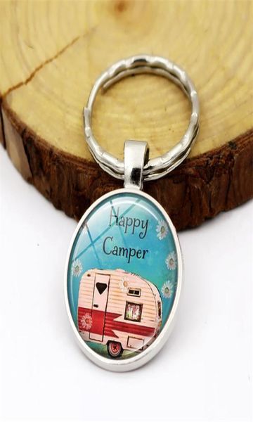 2020 Happy Camper Quition Keychain Car Chain Chain Chain Ring Glass Cabochon Jewelry Pinging Pinging Silver Metal Keyring Fashion Presente3211719