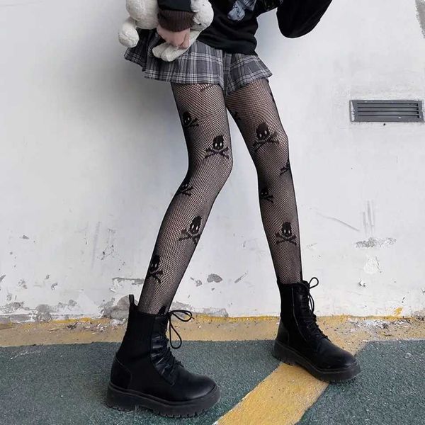 Meias sexy meias góticas mulheres leggings lolita esvaziando meias de malha japonês com fundo de renda com calça de meia -call punk preto preto 240416