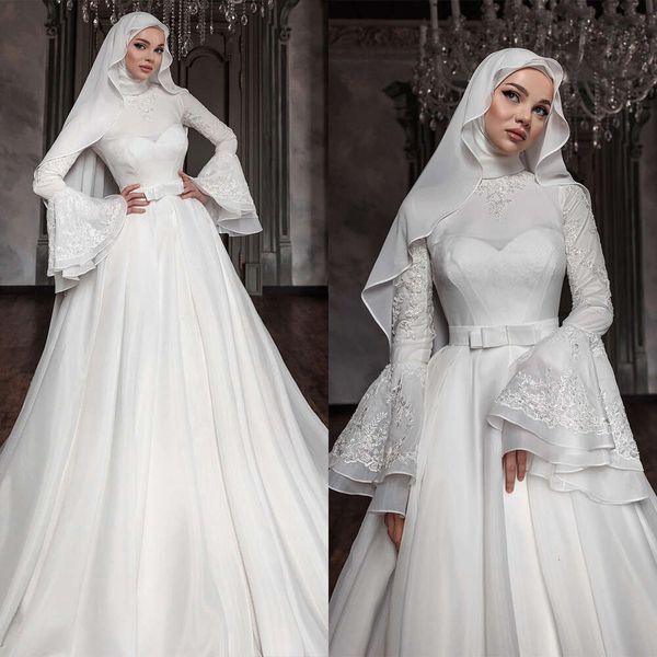 Spitze Hochzeit muslimisch Hochkragen Brautkleider Applikationen Satin Langarm eine Linie Bogenbraut Kleider Mitte gemacht