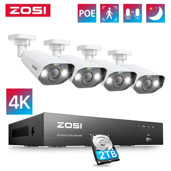 Sistem ZOSI 4K Süper HD POE Video Gözetim Sistemi 8Ch H.265+ NVR Kit IP67 Mermi Hava Durumu Geçirmez IP Kameraları Ourdoor Güvenlik CCTV Seti