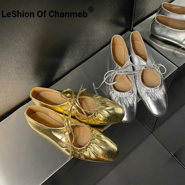 Sapatos casuais leshion of chanmeb ballerina sapato de couro genuíno mulheres banda estreita banda prateada planing bling dourado redondo 2024 calçados de primavera