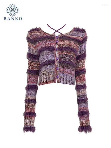 Magliette da donna harajuku peluche cardigan a strisce viola a v-collo accogliente maglione maglione coreana high street donne slim primavera estate giapponese