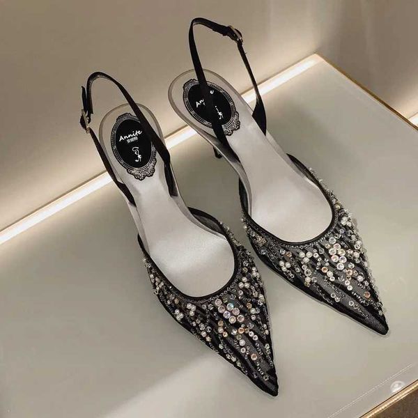 Sandalen Frühlings/Sommer Punkt Zehen Spitze Strasshaut Perle Braut Kleid Full Match Sandalen kleine Größe Slim High Heels Treasure Head Womens Schuhe J240416