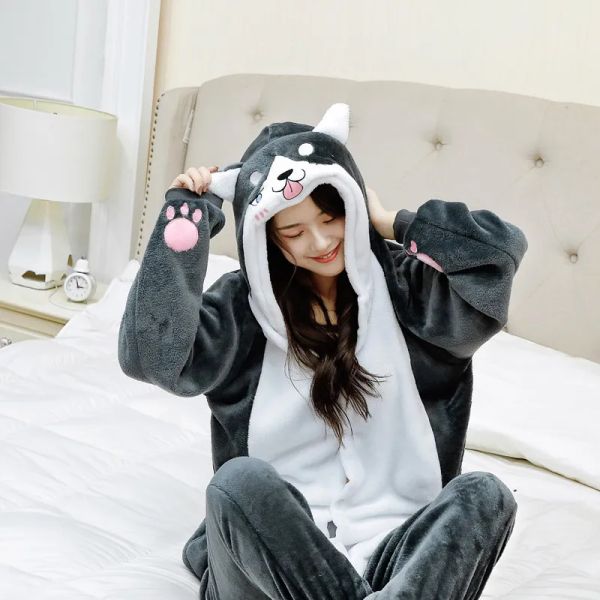 Felpe Hksng Kigurumi Husky Overyies per adulti Donne Uomini Animal Pama Flanna Fannale Cane Cosplay Warm Winter Homewear salta