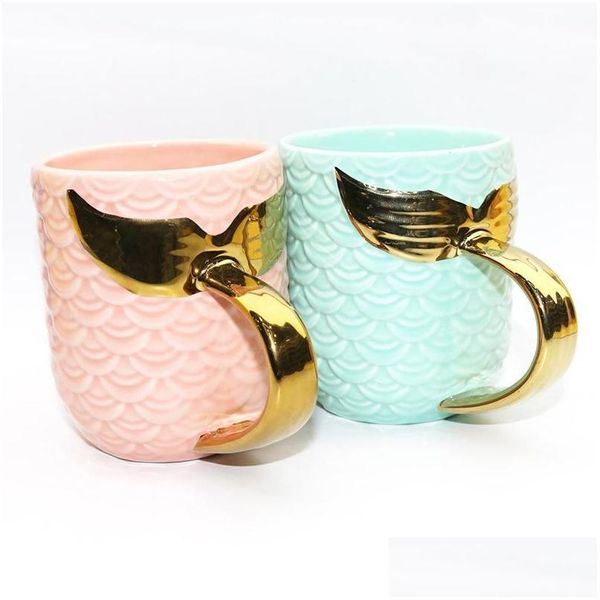 Tassen Meerjungfrau Schwanz Keramik Becher Gold Sier Griff Travel Getränke Tasse kreative Tee Kaffee Frühstück Milk Tassen DH1098 DROP DELIEGER HOME DHKBO