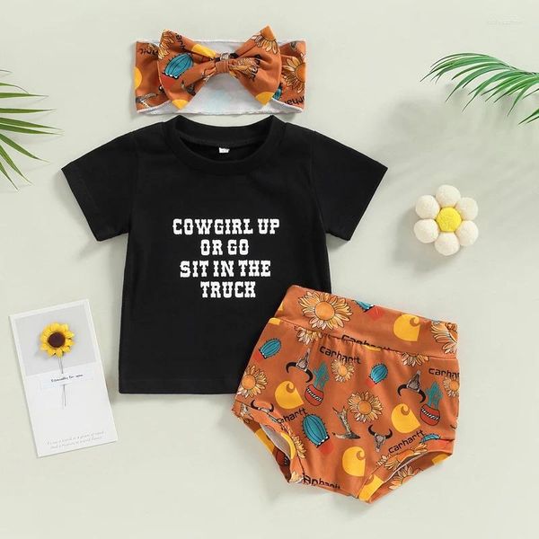 Kleidung Sets Baby Girl Summer Set Girls Letter Print Kurzarm T-Shirt Dehne Sonnenblumenhorts Stirnband-Outfits Kleidung