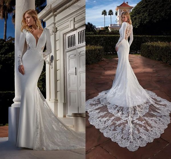 BOHO Trumpet sirena abiti da sposa con maniche lunghe v NERCO COUCI APPLICATO APPLICATO MAGLIE ILLUSIONE ILLUMI ILLUSIONE SLINE SLINE SLINE ASSEGGIO ELEGANTE SOTTO DE MARIEE CL1990