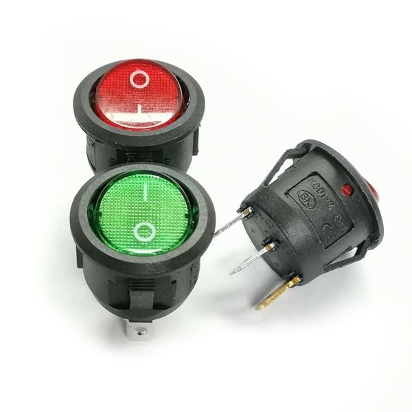 20pcs/lote kcd1 redondo rocker interruptor 3pin 3p 2-poston 6a/250v 20mm vermelho/verde