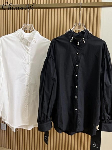 Blouses feminina Frenda Fashion Pearl Stand-up Staff Sleeve Cotton Camise