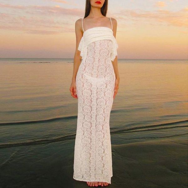 Abiti casual Hirigin Donne sexy in pizzo spaghetti cinghia maxi abito chic senza spalla spalla sottile femmina di moda da spiaggia abita