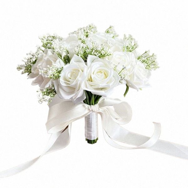 Große Hochzeitsbraut Bouquet Weiße Rosen Künstliche Seide FRS Baby Atem Brautbrautjungfern Gypsophila Mariage -Akquips 24cm Z2CD#