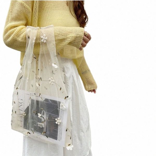 primavera no verão feminina de bordado saco de manuseio de mão de organza casual malha de verão bolsas florais bolsas de malha ecológica 95rw#