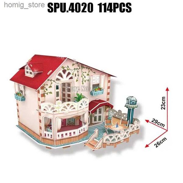 Puzzle 3d 114pcs Girl Garden Villa House con modelli di carta 3D a LED PULLS POETH Y240415