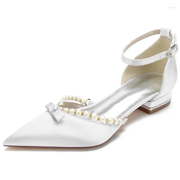 Sapatos casuais cetim pérolas de casamento de casamento pontão ponta de fivela de fivela de fivela feminina vestido plano para damas de honra/baile/noite/coquetel