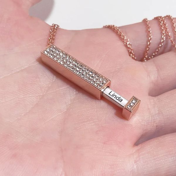 Kişiselleştirilmiş dikey çubuk oyulmuş isim kolye ile elmas 3D özel takı çekme kolye kadınlar için hediye 240416