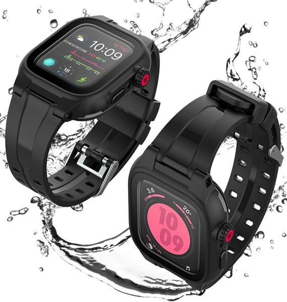 Black Sport Watchands Ekran Koruyucu Su Geçiren Kapak Apple Watch Serisi 5 4 3 IWATCH 44MM2714207 için Silikon Bant Kayışı ile