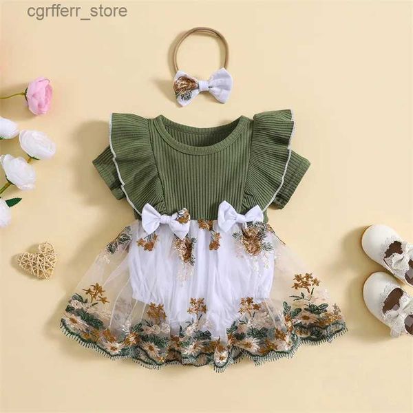 Romances ListenWind 0-2y Baby Girl Romper Dress Flower Bordery Knit Rib Ruffles Crew Giftsuits Summer Bodysuits Summer Bodys com faixa para a cabeça L410