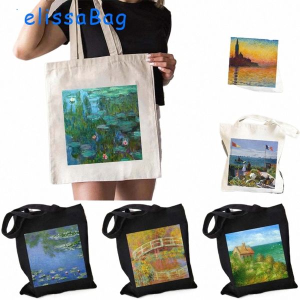 Claude traf Leinwand Schultertasche Wasser Lilienmalerei Garten Frs Bridge Tulip Sonnenaufgang Harajuku Käufer Cott Handtaschen U4ZD#