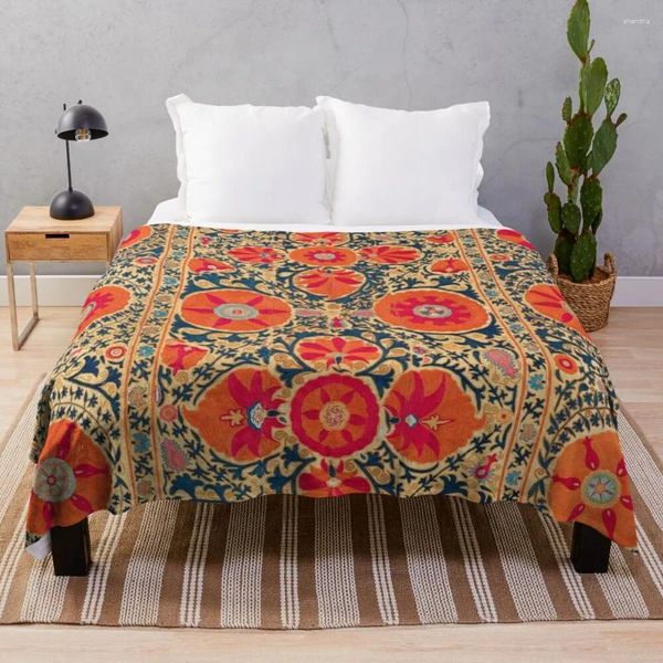 Cobertores Kermina Suzani Uzbequistão Bordado Floral Print Throw Planta com lã rei bem grossa bordada para sofá