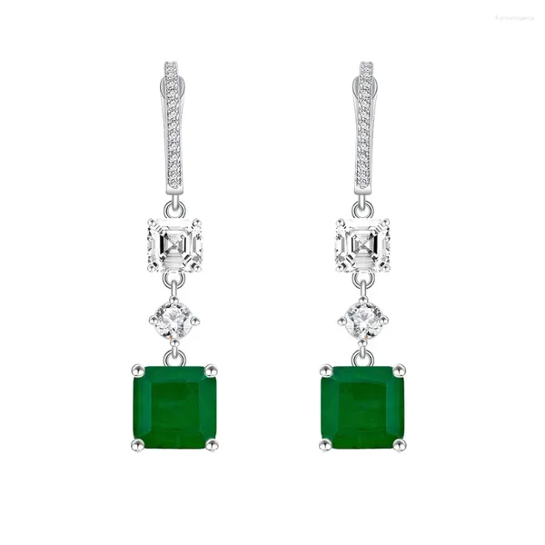 Brincos Dangle Zhenchengda 9 quadrados chanfrado Emerald S925 Silver 2.3 Carat Gemito pequeno e versátil