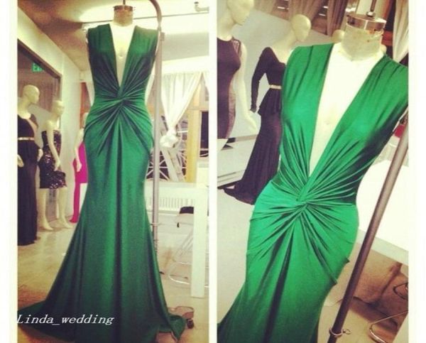 Michael Costello Vestido de noite verde sexy Deep V Neck Celebrity Desgas