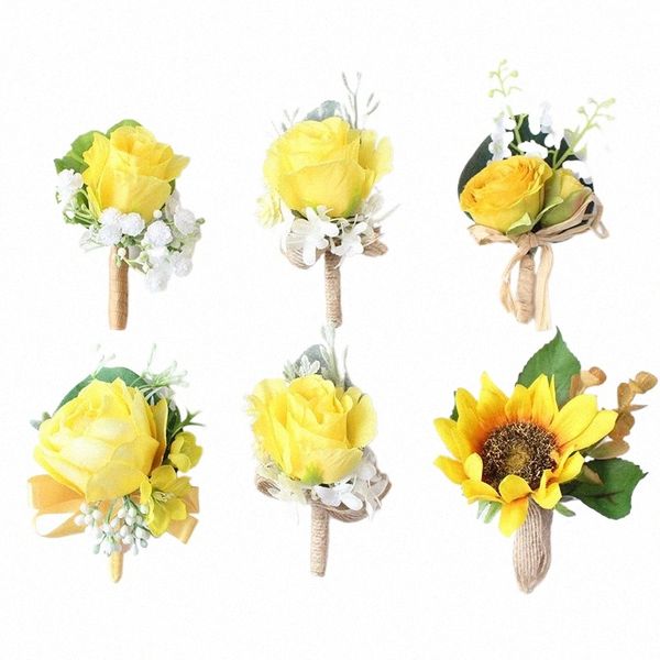 yo cho boutnieres homens rosas amarelo seda frs corsages de pulso solteira sunfrs para boutnieres materiais materiais de casamento 59rc#