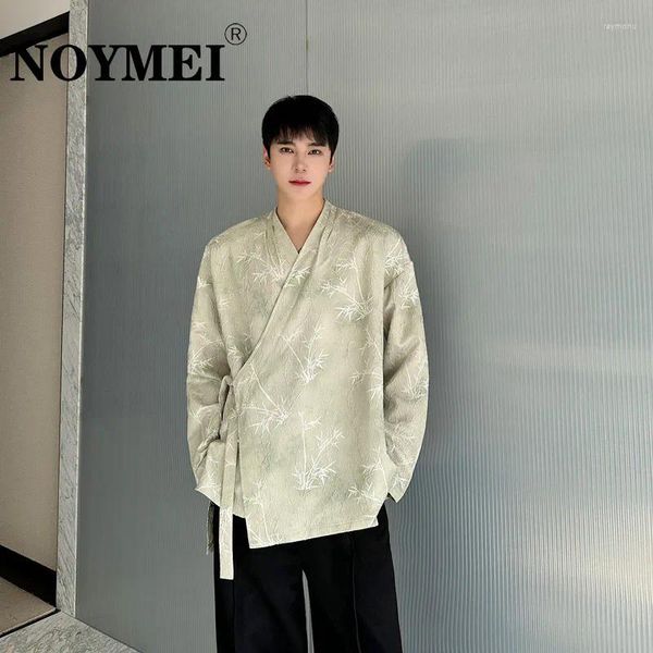 Herren lässige Hemden Noymei diagonaler Kragen chinesischer Stil Chalaza Langarmes Hemd Bambus gedruckt Top Trendy 2024 Spring Green Men Wa4331