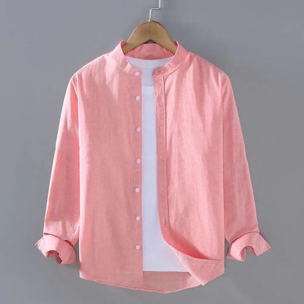 Men Spring Shirt Spring Stand Stand Collar Cardigan Sleevs Longo Solto de Opeuto de tamanho grande e Mid Length Top 240401