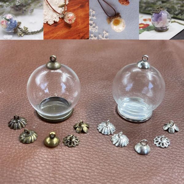 Dekorative Figuren 30x20 mm rund Hohlglas Globe mit Einstellung der Basisperlen Kappe Set Orb Fläschchen Anhänger Flaschen Schmuck Frauen Geschenk