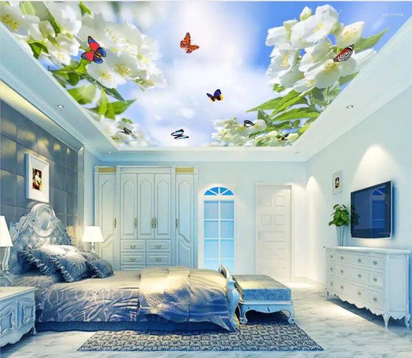 Tapeten benutzerdefinierte 3D Tapete Roll Blumen Schmetterling Blau Himmel und weiße Wolken Schlafzimmer Wohnzimmer Decken Dekoration Wandwand Wandwand