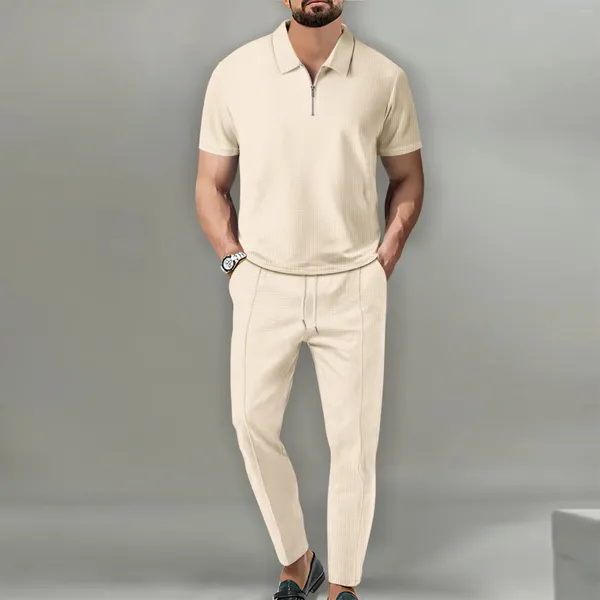 Men's Tracksuits Suit Set S-Shirt Calças 2024 Primavera Verão Summer Solid Color Polo Polo de manga curta Zipper