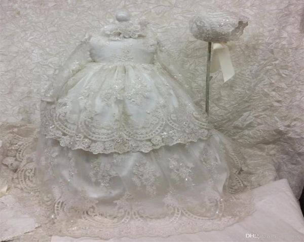 Billige lange Taufkleider für kleines Mädchen mit langen Ärmeln Taufkleid Paillierte Tüll -Spitze applizierte Kinder Erste Kommunikation 1726539