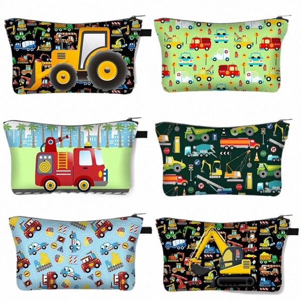 niedliche Ingenieurfahrzeug Druckkosmetikkoffer Firetruck Excavator Bulldozer Kawaii Make -up -Taschen Frauen Toilettenartikel Mädchen Kosmetiktasche L2wo##