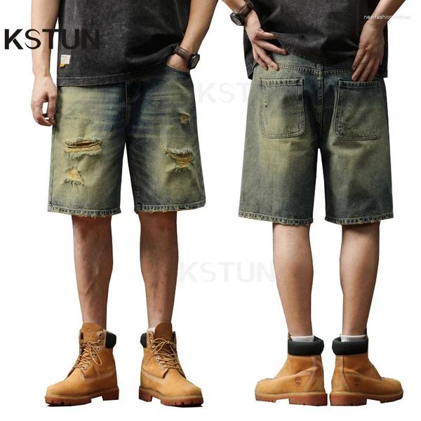 Jeans masculinos Hip Hop Summer Shorts Men solto Fit Wide perna rasgada Streetwear Hollow Out Angusted desgastado vintage