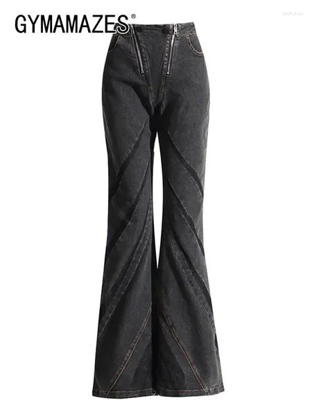 Jeans femininos gymamazes vintage casual para mulheres na cintura alta longa extensão de retalhos zíper Flare jean feminino estilo moda 2024