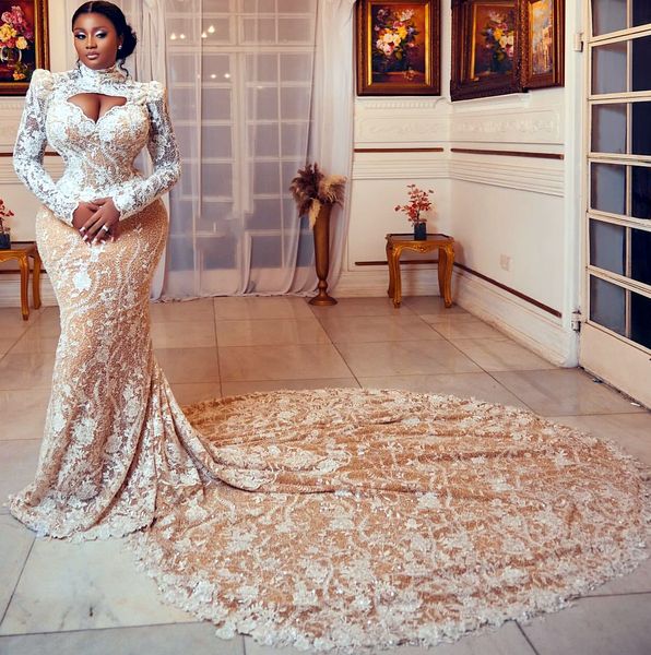 2024 Árabe Aso Ebi Plus Size Ilusão Vestido de Noiva de Mermaid Lace Luge sem costas Vestidos de noiva luxuosos ZJ022