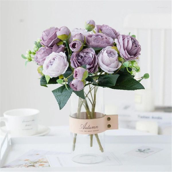 Flores decorativas Belas hidrangeias chá rosas artificial para decoração de casamento em casa rosa seda peony bouquet bouquet Fake Flower Diy Craft